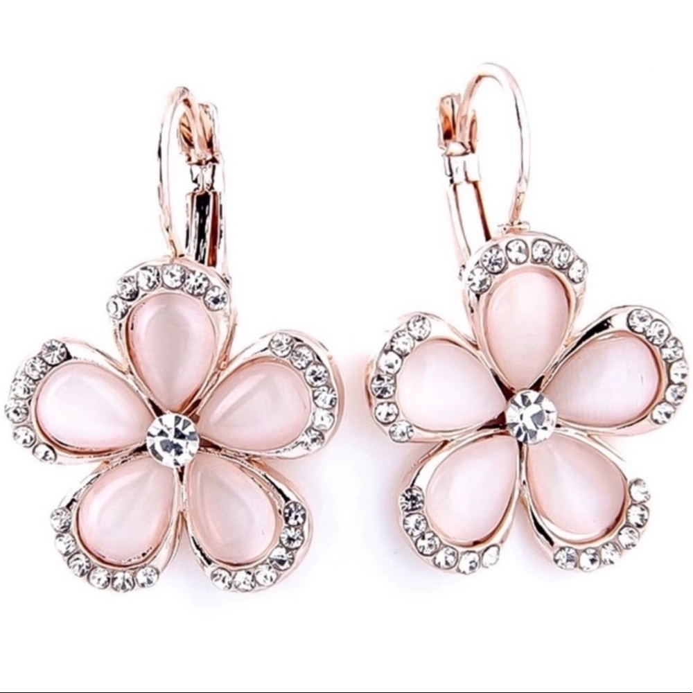 Pearlescent Pink Petal/Crystal Rose Gold Earrings - Picture 4 of 8